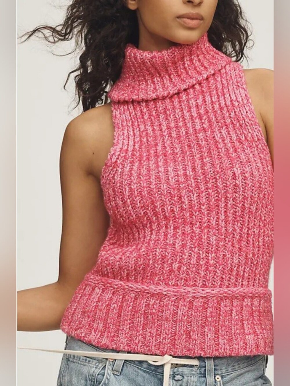 ​Anthropologie Pilcro Pink Chunky Knit Turtleneck Tank Sweater Top XS Boho